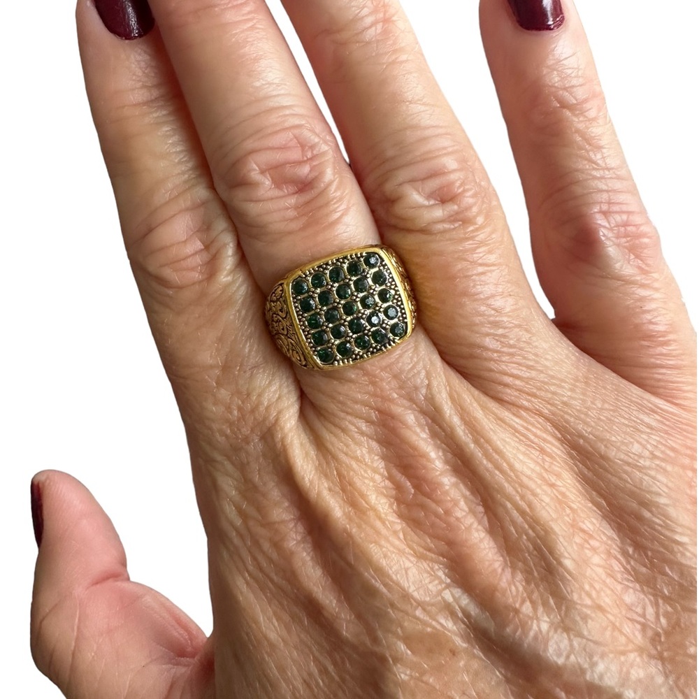 Vintage Gold Ring with Multiple Green Rhinestones